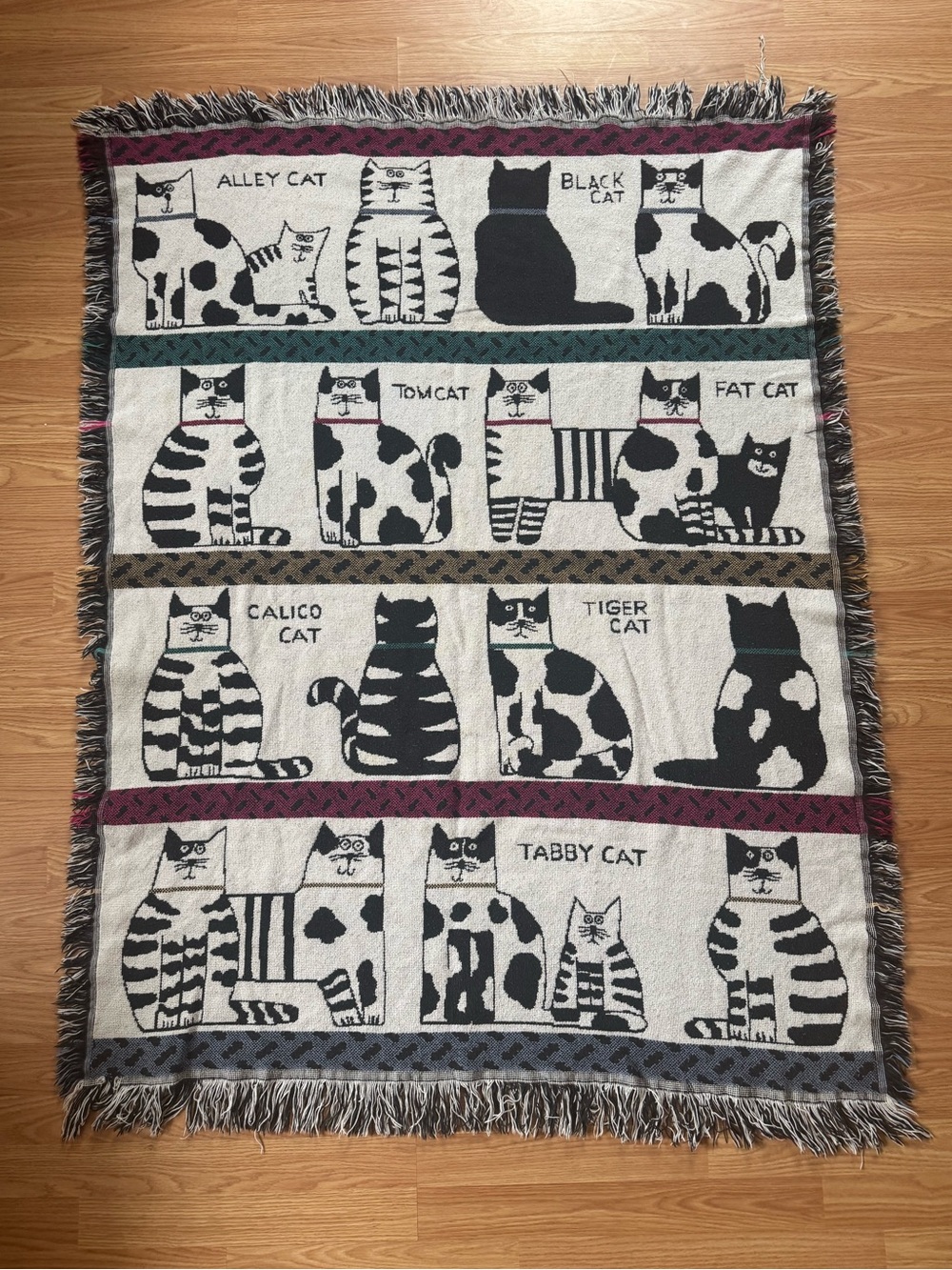 Vintage 1980s Pat Meyers Cat Throw Blanket Woven Cotton Folk Art Tapestry USA